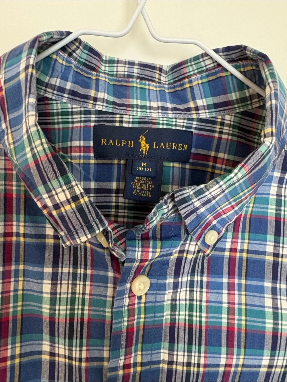 Ralph Lauren Boys Blue Green Plaid Button Down Shirt Sz M